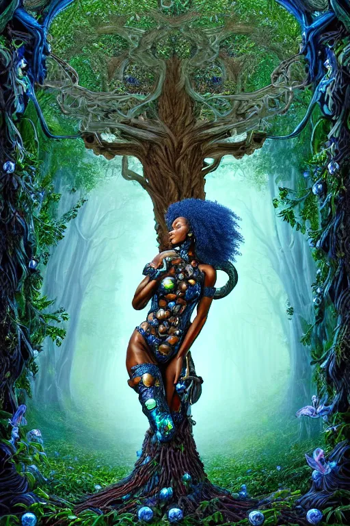 Image similar to hyperrealistic post - rococo super gorgeous! black woman with exoskeleton armor, merging with tree in a forest, highly detailed digital art masterpiece smooth cam de leon hannah yata dramatic pearlescent blue teal light ground angle hd 8 k sharp focus