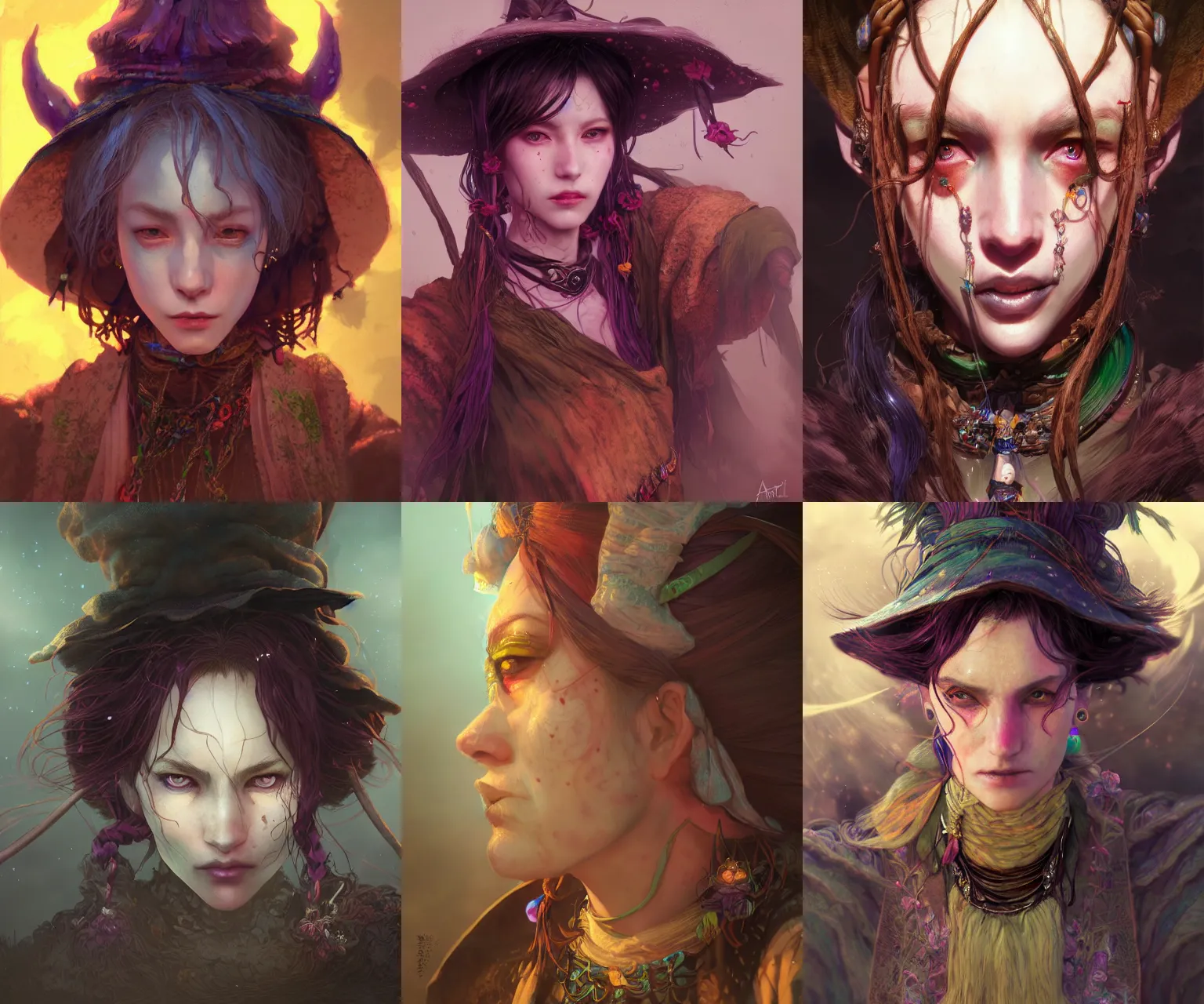 Image similar to portrait of a village witch, beautiful, fantasy, colorful, cinematic lighting, artstation, trending, highly detailed, focus, smooth, by hirohiko araki and yoshitaka amano