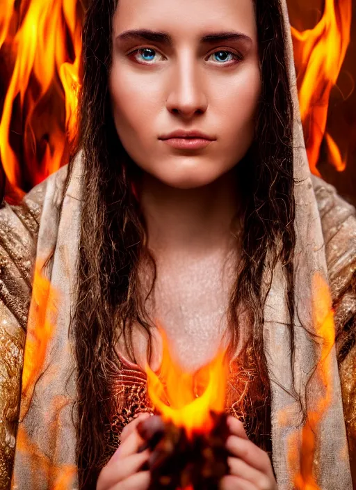Prompt: Portrait of a beautiful priestess from the oracle of Delphi, looking into the flames, greek mythology, high face detail, Photography, dramatic lighting, Sony A7III, 85mm, f1.4,