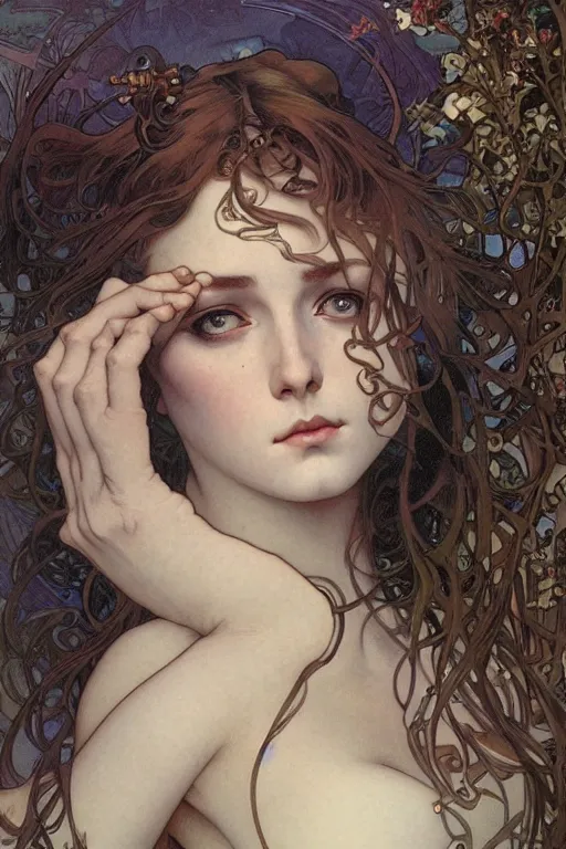 Prompt: realistic detailed face portrait of Pandora by Alphonse Mucha, Ayami Kojima, Amano, Charlie Bowater, Karol Bak, Greg Hildebrandt, Jean Delville, and Mark Brooks, Art Nouveau, Neo-Gothic, gothic, rich deep moody colors