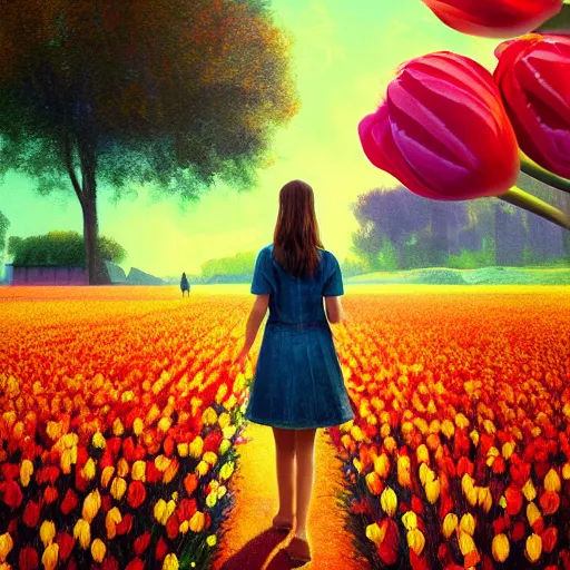 Image similar to large tulip head, girl walking in a flower field, surreal photography, sunrise dramatic light, impressionist painting, colorful clouds, digital painting, artstation, simon stalenhag, flower face