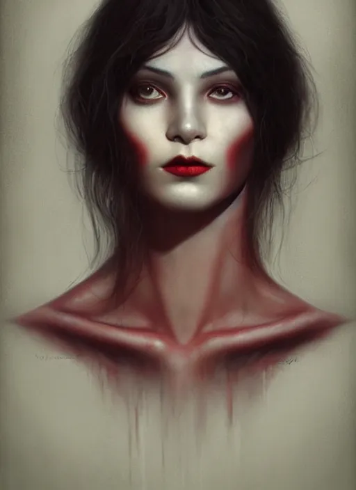 Image similar to a detailed facial portrait of black hair human female with red eyes, a beautiful face, mutation, by tom bagshaw, by dorian cleavenger, zdzisław beksinski, bastien lecouffe - deharme trending on artstation