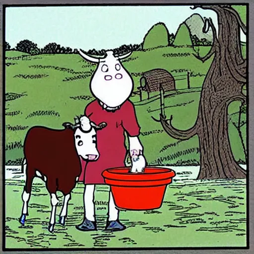 Image similar to a cow points at a bucket, far side, illustrated by gary larson