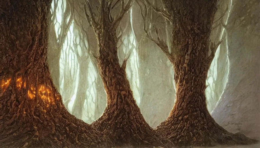 Image similar to painting by John Howe of the two trees of valinor, one of them glowing gold, the other one silver