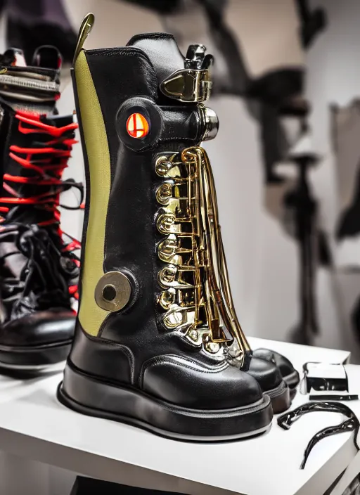 Image similar to hyperrealistic and heavy detailed product photo bape avant garde boots of movie the fifth element, in front of white back drop, whole shoe is in picture, leica sl 2 5 0 mm, vivid color, high quality, high textured, real life