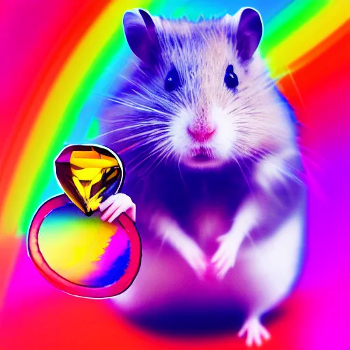 Prompt: cyberpunk hamster holding rainbow gem! crystal, neon lights, light reflection, 8 k, hd