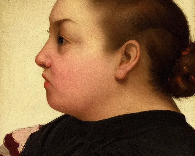 Image similar to colored portrait. the same style. a very unique profile, seen from the side, medium shot. fat face, a straight and long nose, and huge prominent eyes. she is singing to the sun. old photograph. sharp image. academicism, highly detailed, color harmony, art station, ornate, caravaggio style. old photography