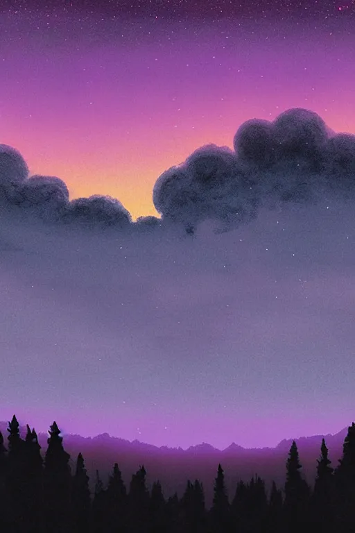 Prompt: matte painting layered night sky. Comet in centre of night sky. Stars and a swirly starry night moon. pink and purple ombre puffy cotton candy clouds. Dark hills forest silhouette below. Cyril Roland naomi okubo.