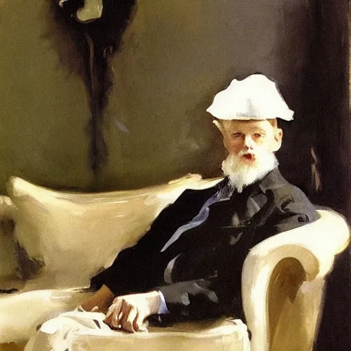 Prompt: “painting by John singer Sargent of an old and shabby chimney sweep seated on an expensive settee”