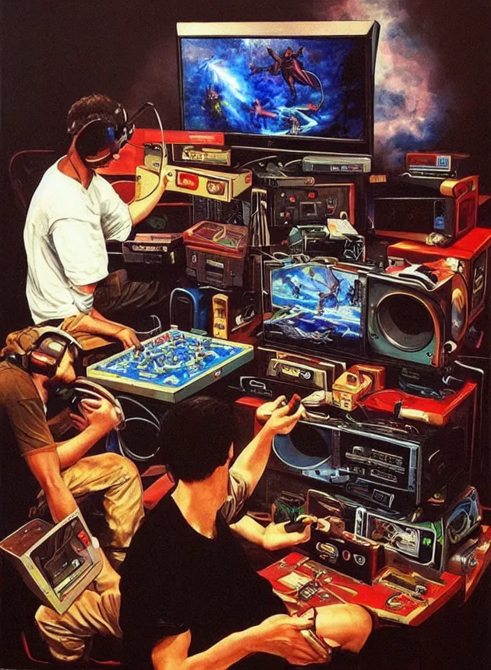 Prompt: Men playing video games on CRT television using Atari joysticks. Painting by Carvaggio. Intricate details. hyper realism. Masterpiece.