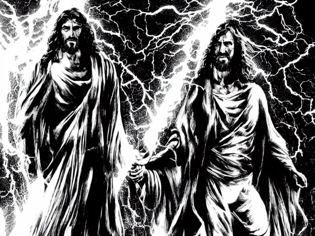 Image similar to jesus christ as a superhero with long hair and white eyes floating above the water shooting lightning out of his hands, sin city, full shot, graphic novel, symmetrical, frontal,