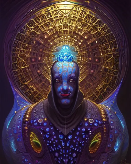 Image similar to front shot of a court jester character, hyperdimensional, bioluminescent hypercubes, ((intricate)), elegant, highly detailed, centered, (((artstation, concept art, smooth, sharp focus, artgerm, Tomasz Alen Kopera, Peter Mohrbacher, donato giancola, Joseph Christian Leyendecker, WLOP, Boris Vallejo))), mugshot!!!!!, ugly!!!!!!, octane render, nvidia raytracing demo, grainy, muted