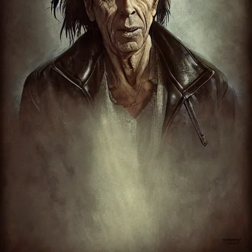 Image similar to a highly detailed epic cinematic concept art CG render digital painting artwork costume design: Humphrey Bogart, old scars, long hair, grizzled, tired and drunk, in an old 1950s leather jacket. By Greg Rutkowski, Ilya Kuvshinov, WLOP, Stanley Artgerm Lau, Ruan Jia and Fenghua Zhong, trending on ArtStation, made in Maya, Blender and Photoshop, octane render, excellent composition, cinematic atmosphere, dynamic dramatic cinematic lighting, aesthetic, very inspirational, arthouse