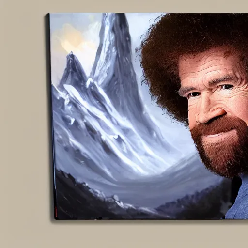 Image similar to a closeup photorealistic photograph of bob ross working on a canvas painting of spiderman. film still. brightly lit scene. mountains and trees. this 4 k hd image is trending on artstation, featured on behance, well - rendered, extra crisp, features intricate detail, epic composition and the style of unreal engine.