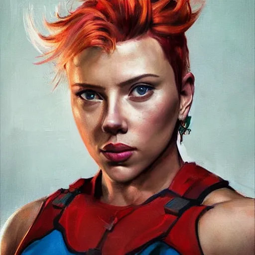 Image similar to greg manchess portrait of scarlett johansson as roided thick very muscular weightlifter zarya from overwatch with short blond hair and ponytail, fantasy, medium shot, asymmetrical, profile picture, organic painting, sunny day, matte painting, bold shapes, hard edges, street art, trending on artstation, by huang guangjian and gil elvgren and sachin teng