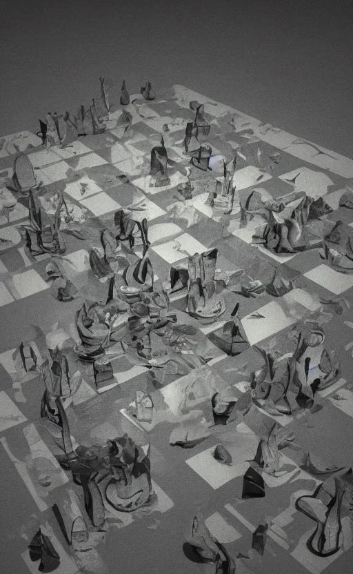 Prompt: surreal dali chess landscape, 3d liminal grainy aesthetic illustration, highly detailed, soft render, volumetric lighting, early morning,