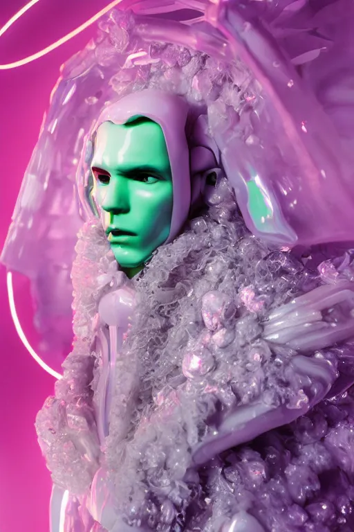 Prompt: photo of fullbody rococo and cyberpunk delicate neon crystalline sculpture of seductive muscular onyx albino marble prince liam payne as an mint iridescent humanoid deity wearing pink plastic hooded cloak holding an onyx skull in a onyx space dungeon, reclining, glowing yellow face, crown of white diamonds, cinematic lighting, photorealistic, octane render 8 k depth of field 3 d