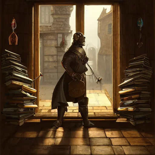 Prompt: dennis hopper as a medieval nobleman, standing on the side of a big medieval shop with boards full of books, flasks, glas, trinkets, and other stuff, dust suspended in a sunbeam from a tall medieval window, trending on artstation, artwork in style of peter mohrbacher, unreal engine, octane render, intricate details, 8k high definition, beauriful, ornate, hyperrealistic