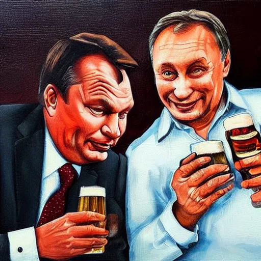 Image similar to viktor orban drinking beer with putin, anatomically correct, oil painting, highly detailed