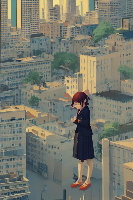 Image similar to a cute giantess wearing school uniform standing in the city which seem small, bird's eye view, strong brush stroke, sharp focus, illustration, morandi color scheme, art station, by ilya kuvshinov