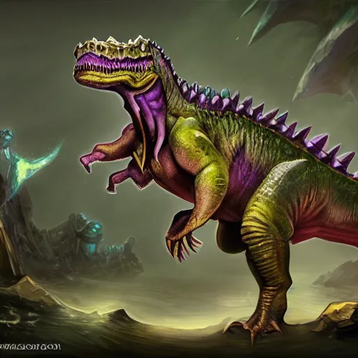 Prompt: violet crocodile dinosaur hybrid, fantasy game art, fantasy rpg, league of legends