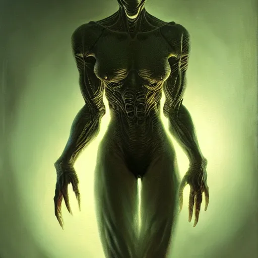 Prompt: ultra realist horror painting of a dimly lit single attractive alien, very intricate details, focus, curvy, full frame image, artstyle hiraku tanaka and craig mullins, award winning