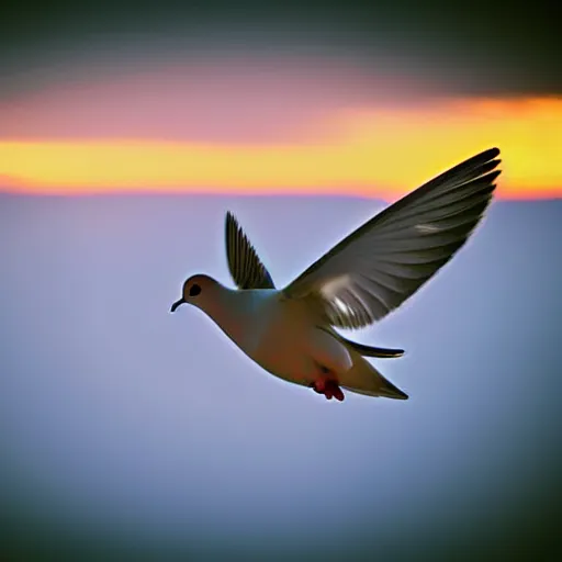 Image similar to Realistic POV shot of a dove flying over the clouds at sunset, ethereal, vintage photograph, film grain, surreal, awe-inspiring