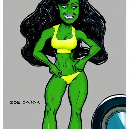 Image similar to Actress Zoe Saldana as She-Hulk, smiling, poster framed, comic pinup style, sports illustrated, detailed legs, artstation, illustration, posterized, Roge Antonio, Jen Bartel