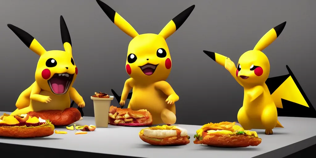 Prompt: a realistic Pikachu and a charizard next to a table eating a delicious hamburger, digital art, wide shot, highly detailed, hyperrealistic, photorealistic, unreal engine 5, very detailed, made by a professional 3d artist, dynamic lighting, trending on artstation, 4k uhd, epic composition, masterpiece