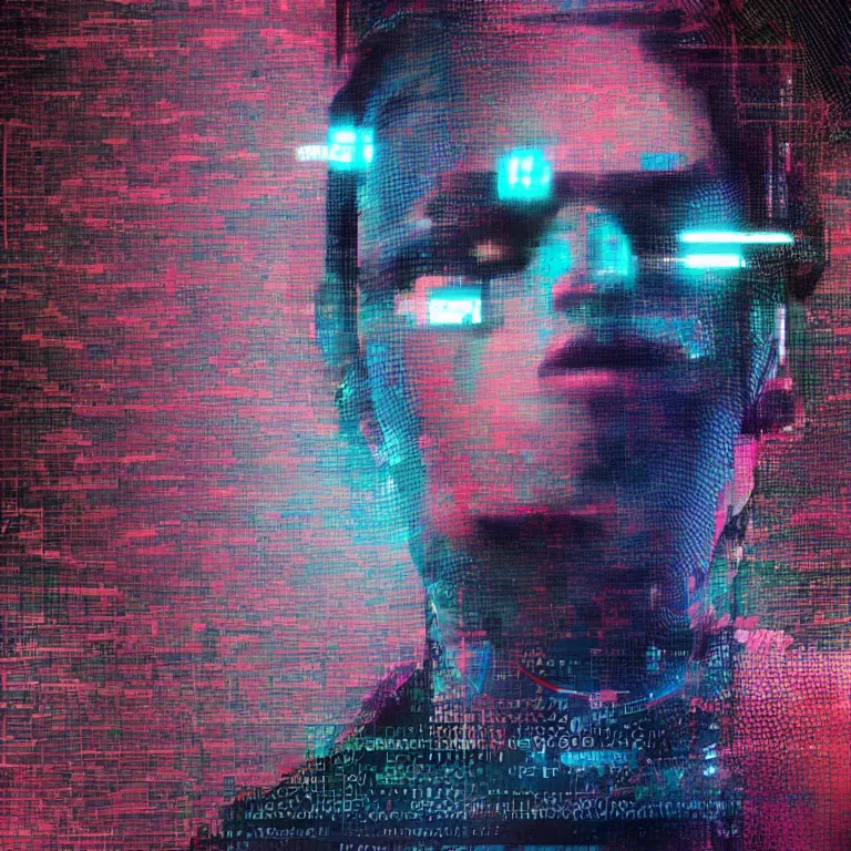 Image similar to Glitch-art portrait of cool cyberpunk hacker in style of John Nelson, realistic