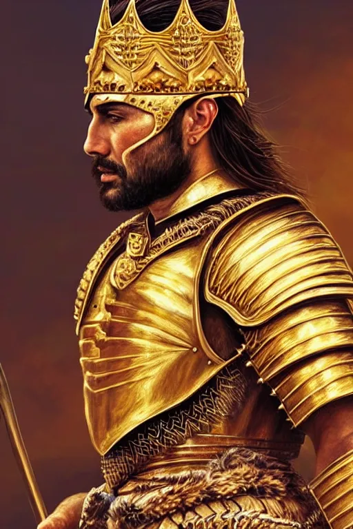 Image similar to photo-realistic Portrait of the King of the Desert, Warrior Man, standing in Sand, detailed scene, Gold Armour and Crown, Sword, handsome attractive face, beautiful face, photo realistic, highly detailed, dramatic lighting, majestic, trending on artstation, elegant, intricate, highly detailed, digital painting, concept art, by artgerm