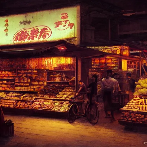 Image similar to a traditional provision shop in singapore at night, by greg rutkowski