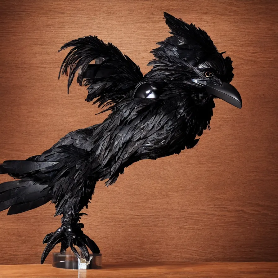 Prompt: an image of a masquerade mask shaped like a raven sitting on a wooden desk, highly detailed, cinematic lighting, realistic, 8 k, rendered in unreal