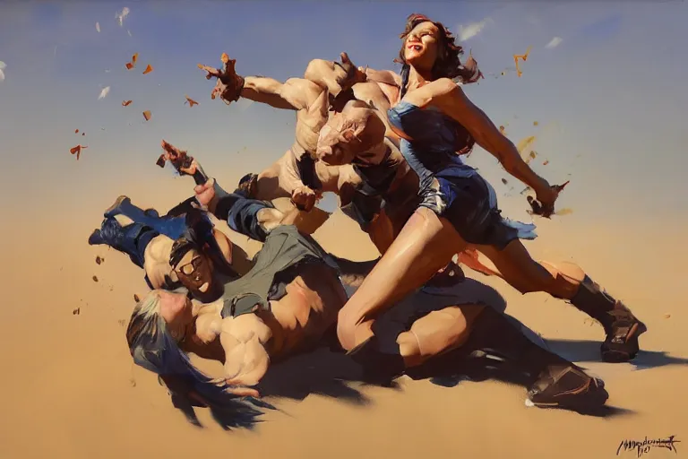 Image similar to greg manchess portrait of people falling over each other in an arena, profile picture, organic painting, sunny day, matte painting, bold shapes, hard edges, street art, trending on artstation, by huang guangjian, gil elvgren, ruan jia, randy vargas, greg rutkowski