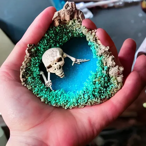 Prompt: tiny dinosaur skeleton inside a geode of colored crystals