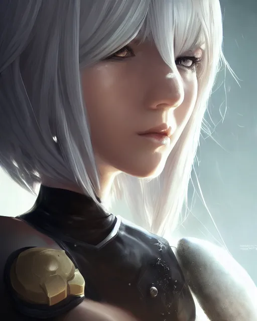 Image similar to league of legends portrait of 2 b nier automata, au naturel, hyper detailed, digital art, trending in artstation, cinematic lighting, studio quality, smooth render, unreal engine 5 rendered, octane rendered, art style by klimt and nixeu and ian sprigger and wlop and krenz cushart.