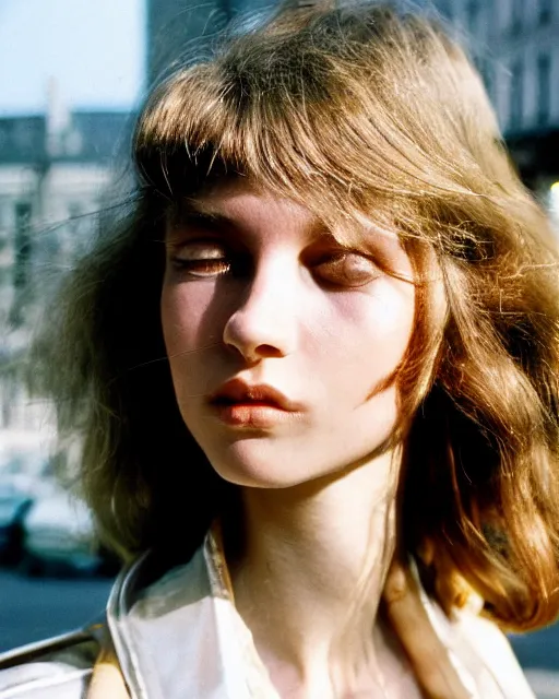 Image similar to photography from 7 0 s, close - up portrait of young fashion model face, soft light, golden hour, in style of street photography from 1 9 7 0