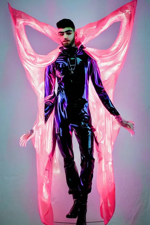 Prompt: full-body baroque and cyberpunk style neon statue of a attractive pale Zayn Malik as a humanoid diety wearing a thin see-through plastic hooded cloak sim roupa, posing like a superhero, glowing peach face, crown of pink lasers, large diamonds, swirling black silk fabric. futuristic elements. oozing glowing liquid, full-length view. space robots. human skulls. throne made of bones, intricate artwork by caravaggio. Trending on artstation, octane render, cinematic lighting from the right, hyper realism, octane render, 8k, depth of field, 3D