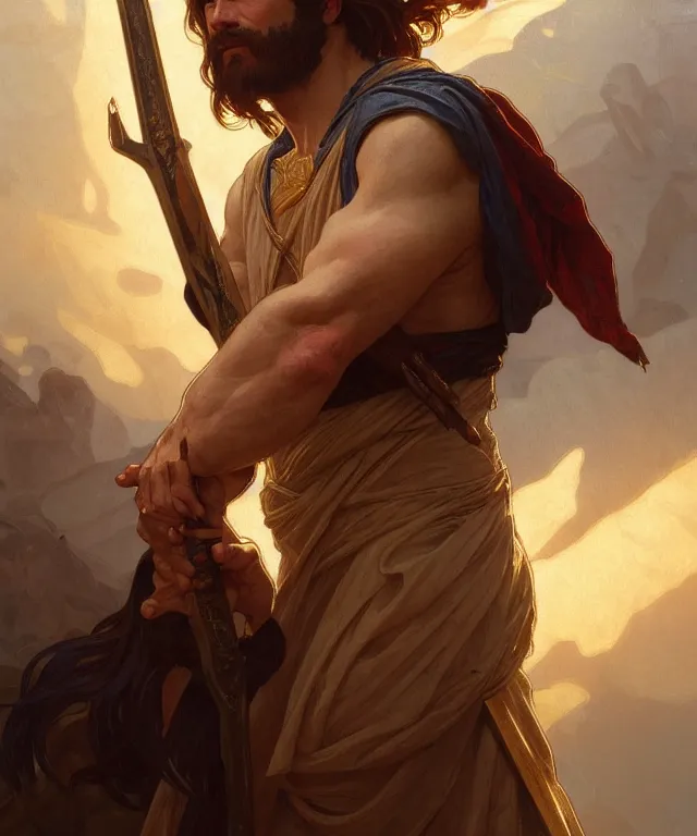 Prompt: portrait of biblical cain holding a lance, intricate, headshot, highly detailed, digital painting, artstation, concept art, sharp focus, cinematic lighting, illustration, art by artgerm and greg rutkowski, alphonse mucha, cgsociety