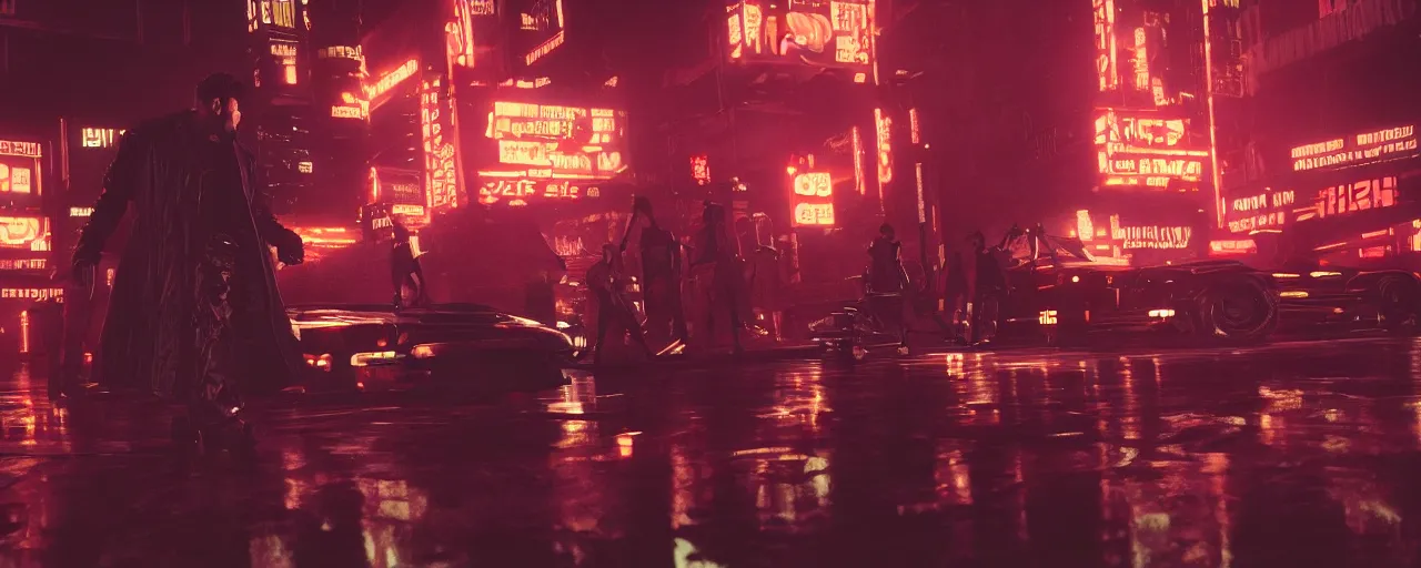 Image similar to gangster in cyberpunk night adult club, 3 5 mm, low angle, blade runner, akira, cinematic angle, cinematic lighting, reflections, action, fight