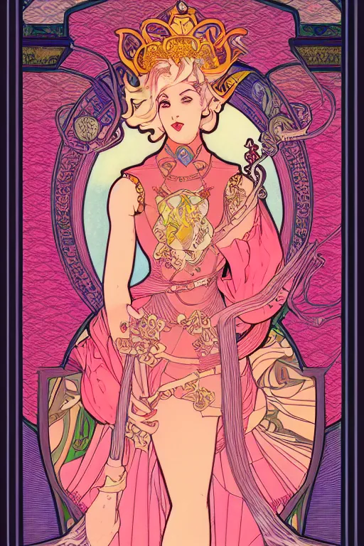 Prompt: full length portrait of princess peach art nouveau, tarot card by mucha, gaudy colors, sharp edges, octane render, intricate linework.