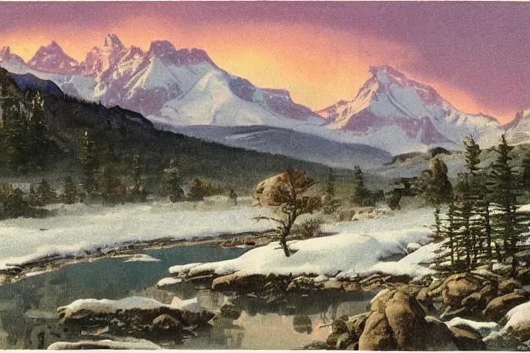 Prompt: a vintage postcard illustration of an epic landscape scene of the three sisters mountains in canada, with snow on its peak, at sunrise in springtime, with a small river in the foreground, by hiroshi yoshida, atmospheric, volumetric lighting, rolling fog, breathtaking, highly detailed