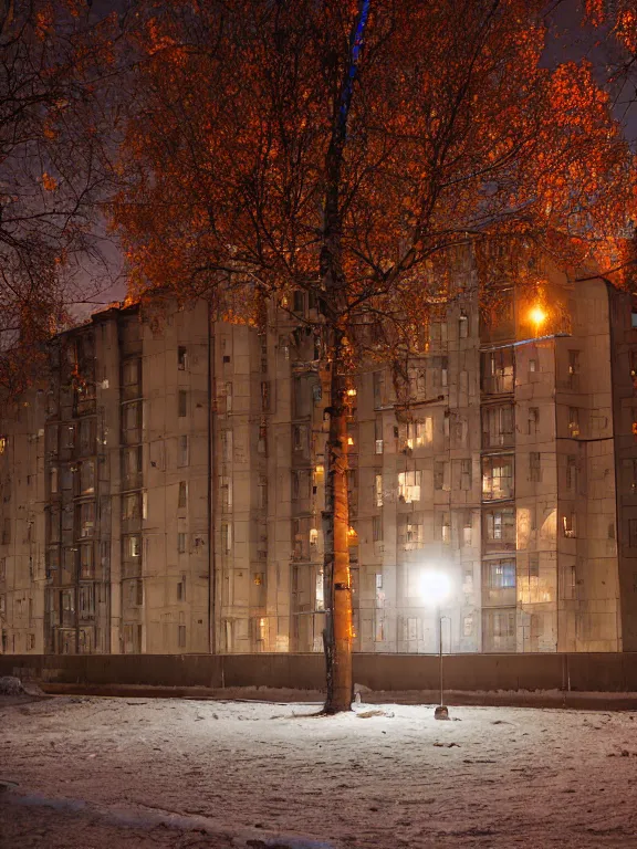 Image similar to soviet residential building in a residential area of russia, lights are on in the windows, night, starry sky, post - soviet courtyard, cozy atmosphere, light fog, street lamps with orange light, several birches nearby, several elderly people stand at the entrance to the building