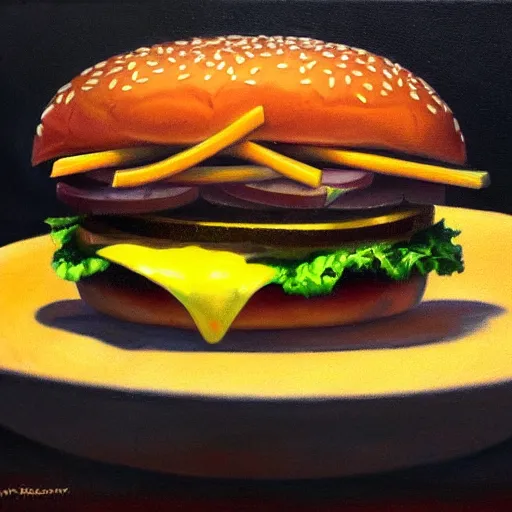 Image similar to oil painting of a burger made by greg rutkowsky, creepy, horror, dramatic light, nightmare,