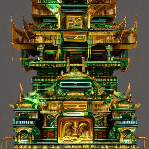 Image similar to strange temple, extreme long shot, the building is covert with glyphs and on the top of the temple big gold design intricated, hyper detailed, trending on artstation, green tones, glow