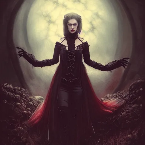 Image similar to portrait of a riveting scottish vampire woman!, atmospheric lighting, gothic makeup, intricate, transylvanian castle, volumetric lighting, beautiful, starlit sky, sharp focus, ultra - detailed, by tom bagshaw leesha hannigan, ross tran, thierry doizon, kai carpenter, ignacio fernandez rios