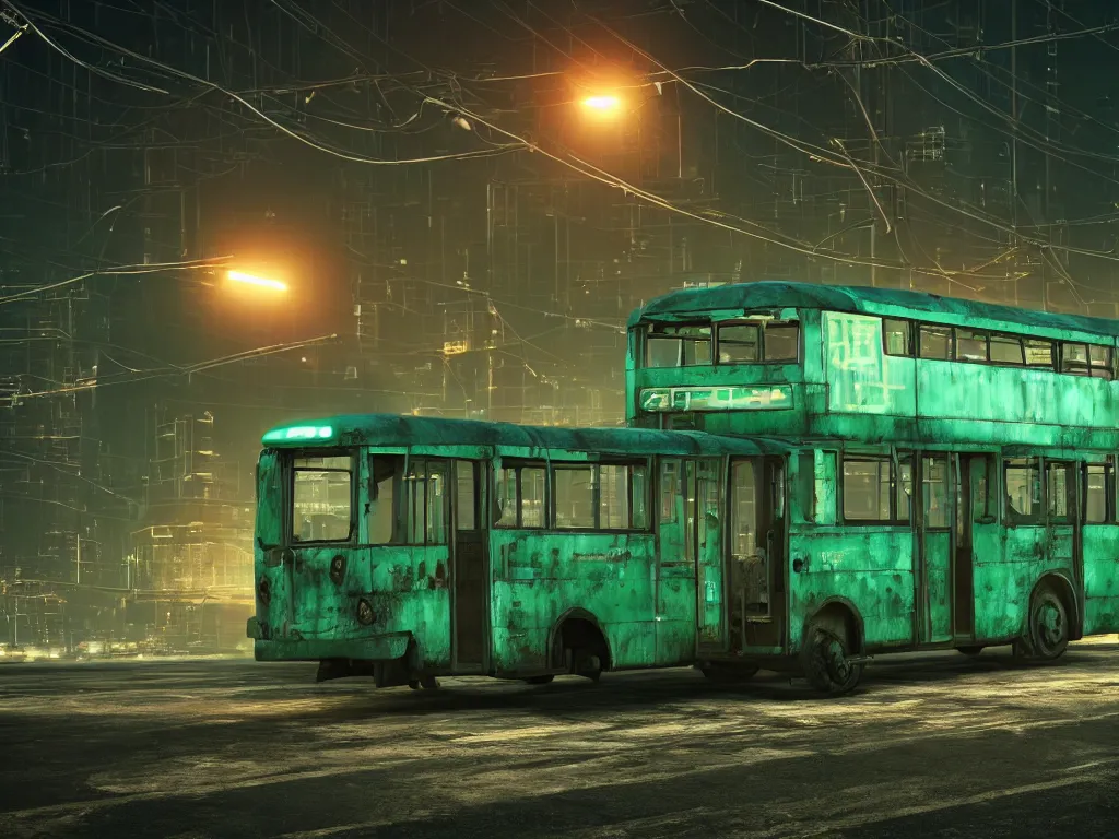 Prompt: an old shabby green trolleybus stands at a stop on the other planet, headlights shine with neon light, in the background in the distance the earth, atmospheric, futuristic, cyberpunk, ray tracing global illumination, 8 k resolution, ultra detailed