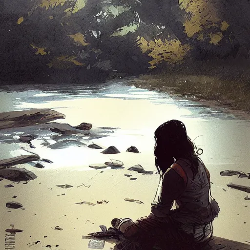 Prompt: clementine from the walking dead the last season sitting next to a river by greg rutkowski