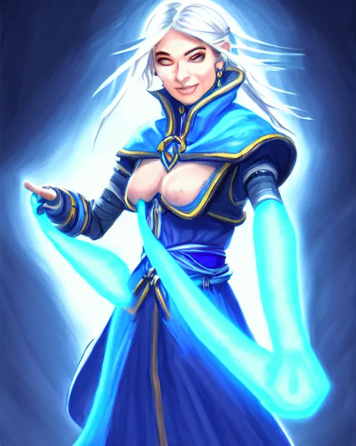 Prompt: perfectly - centered!! looking at the camera!!! full body portrait of the female blue mage, bright lighting, by hearthstone, concept art, hearthstone mastered art