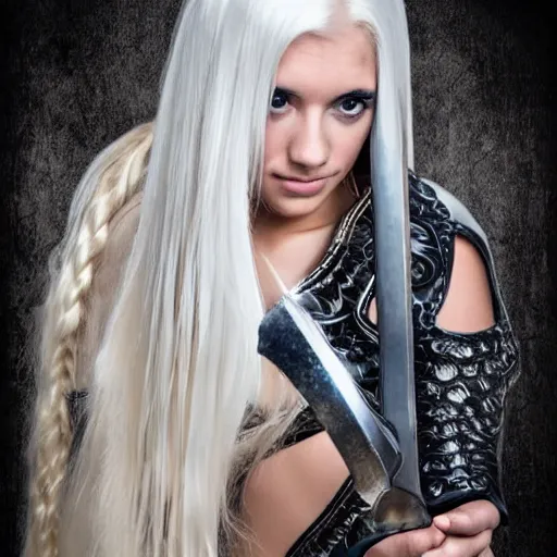 Image similar to beautiful girl with white long hair, wearing epic armor holding an edgy sword ready to fight a deadly monster giant